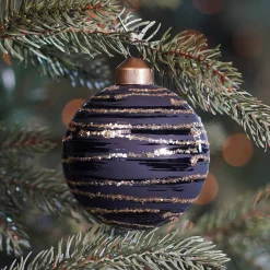 Elegant Glass Christmas Bauble With Fine Lines 8cm Black-Champagne