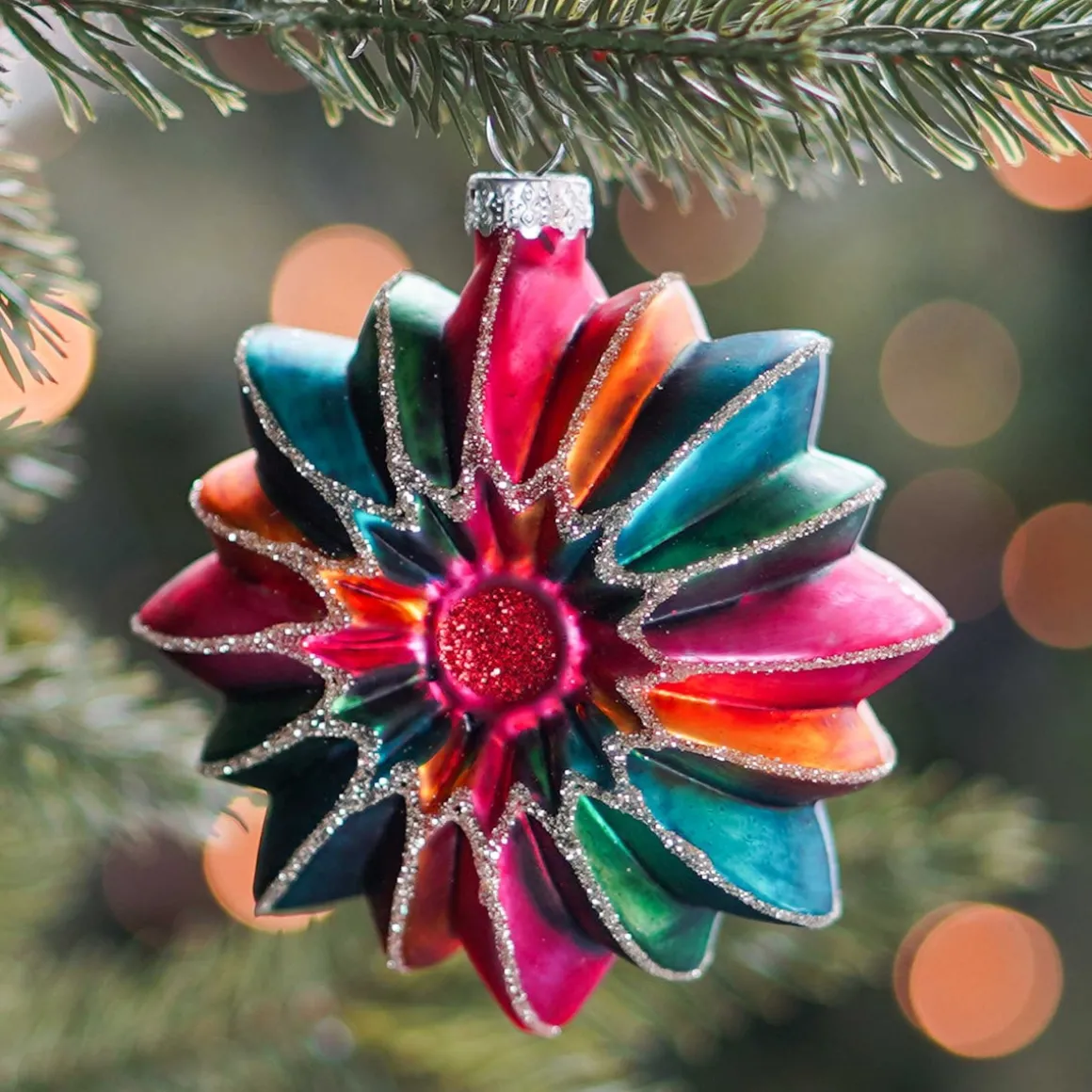 Flower With Glitter Christmas Ornament | Glass | Multi | 9cm