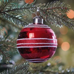 Glass Bauble Glitter Stripes | Red | 8 Cm