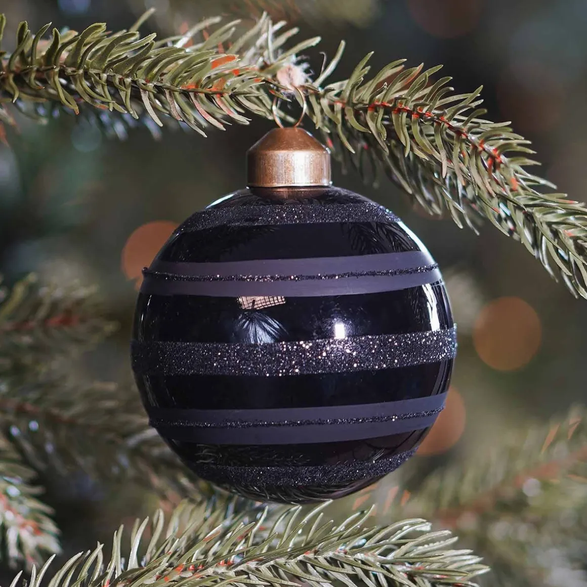 Glass Bauble Glitter Stripes | Black | 8 Cm