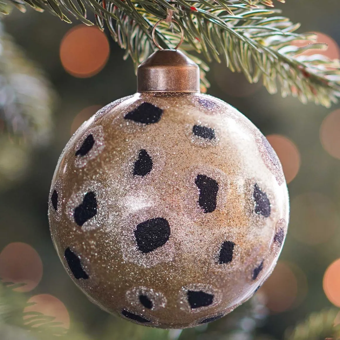 Glass Bauble Leopard Print | Champagne Glitter | 8 Cm