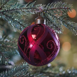 Glass Bauble With Decor | Dark Red | 8 Cm