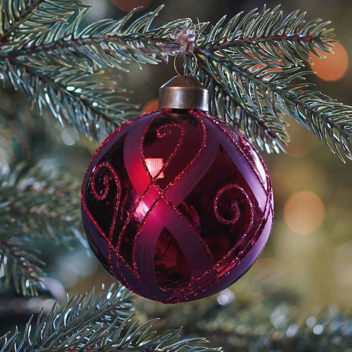 Glass Bauble With Decor | Dark Red | 8 Cm