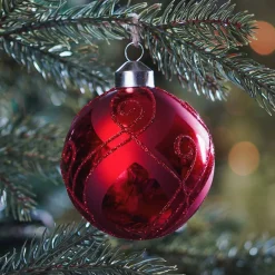 Glass Bauble With Decor | Red | 8 Cm