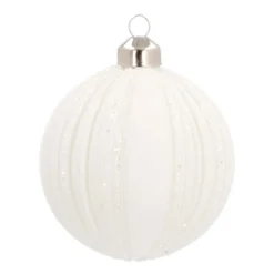 Glass Bauble With Glitter Stripes | White | 8 Cm