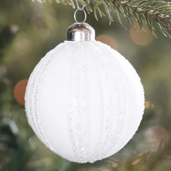 Glass Bauble With Glitter Stripes | White | 8 Cm