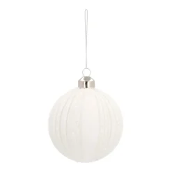 Glass Bauble With Glitter Stripes | White | 8 Cm