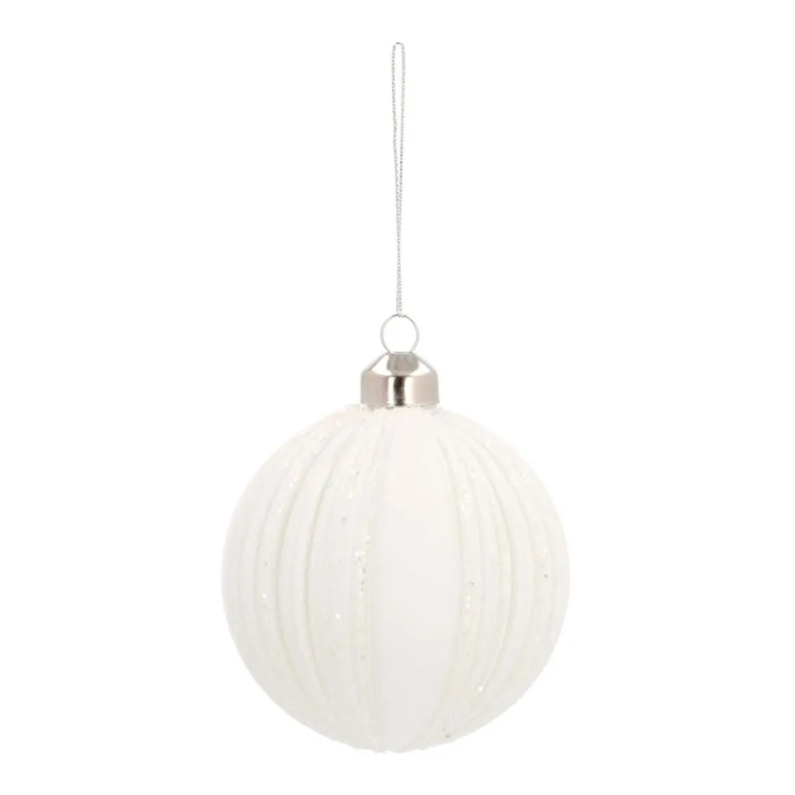 Glass Bauble With Glitter Stripes | White | 8 Cm