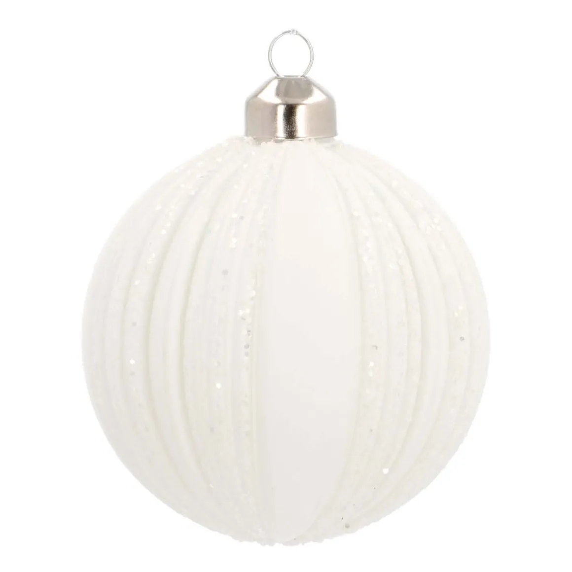Glass Bauble With Glitter Stripes | White | 8 Cm