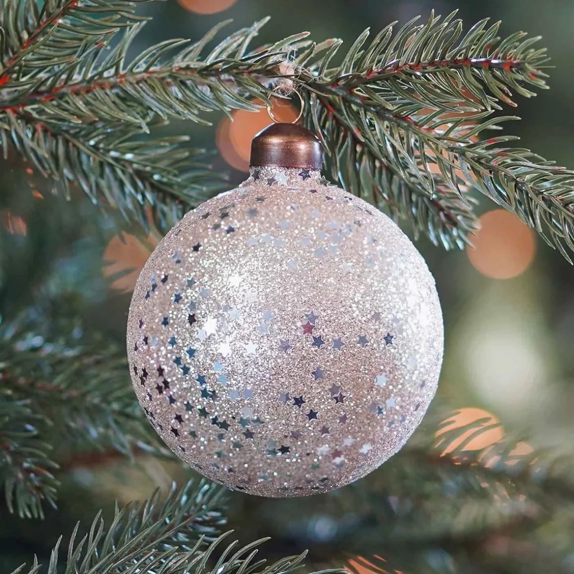 Glass Bauble With Stars | Champagne | 8 Cm