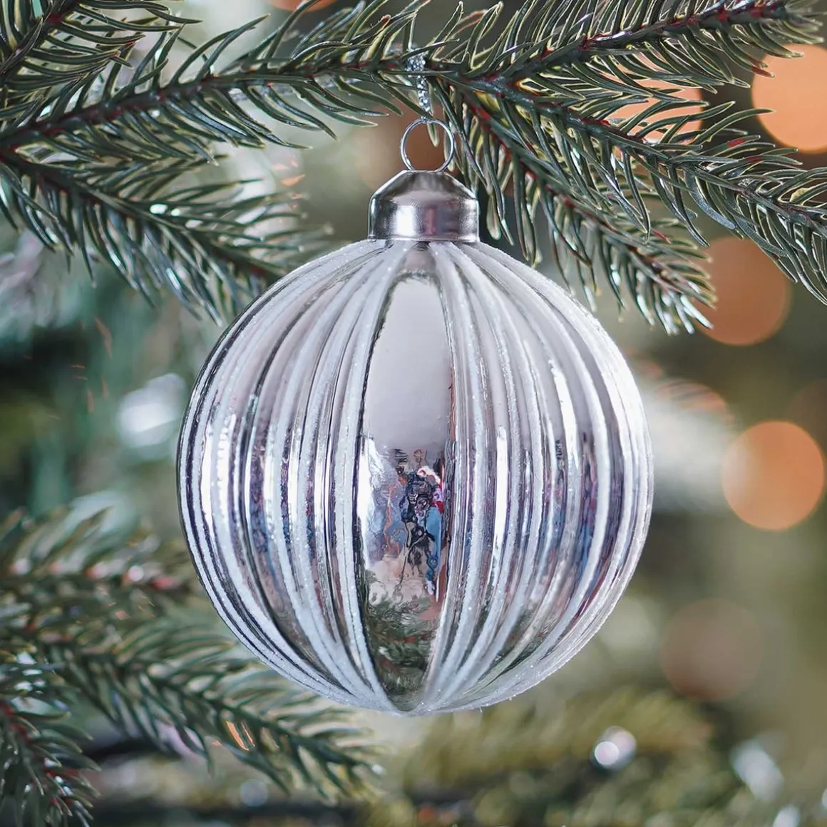 Glass Bauble With Stripes | White | 8 Cm
