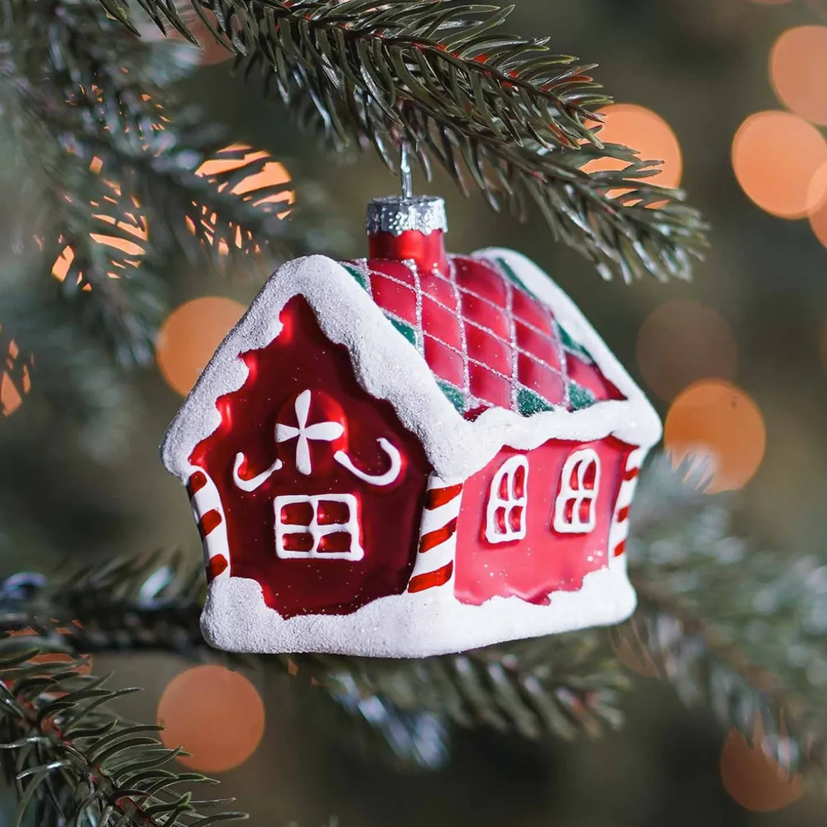 Glass Christmas Ornament Gingerbread House | Red | 9 Cm