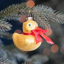 Glass Rubber Duck Ornament With Glitter Details