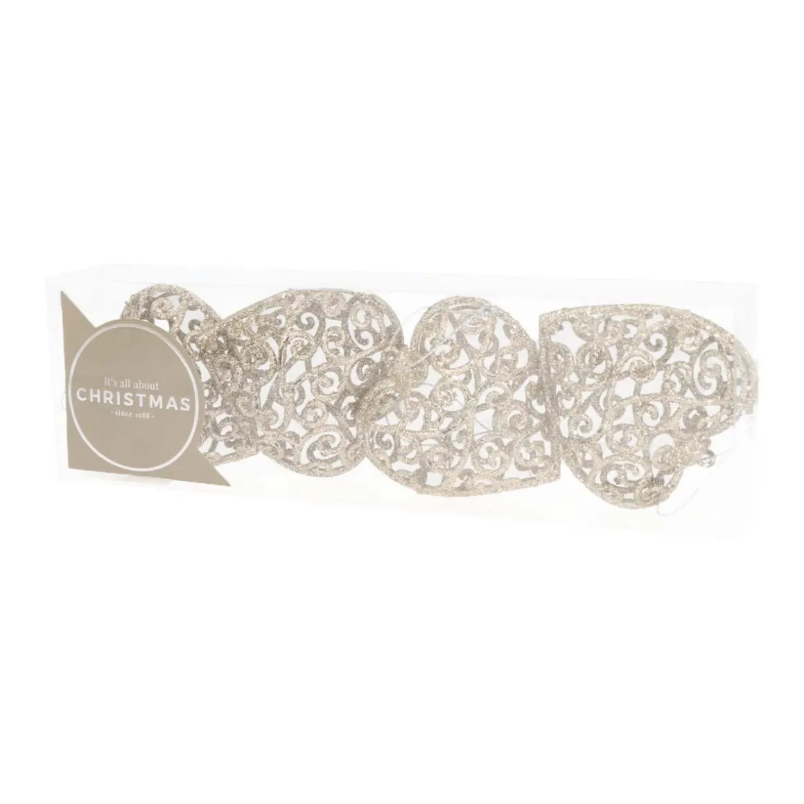 Glitter Christmas Hearts 7,5cm Champagne 4 Pieces