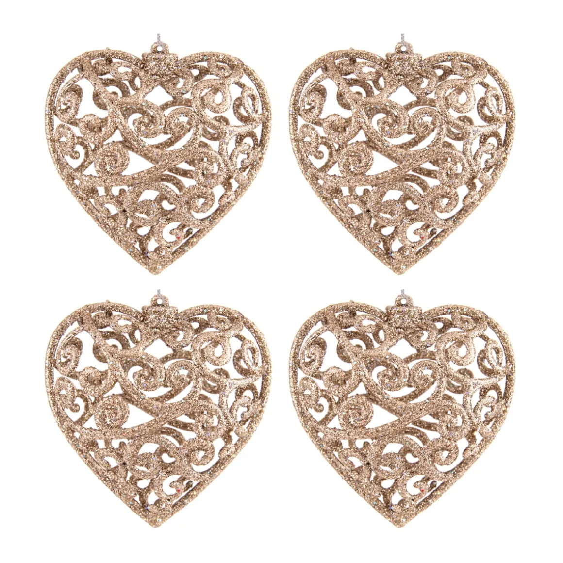 Glitter Christmas Hearts 7,5cm Champagne 4 Pieces