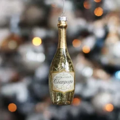 Gold Champagne Bottle Christmas Ornament Glass | 14 Cm