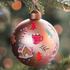 Graphic Christmas Bauble With Print | Glass | Taupe | 8 Cm