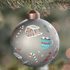 Graphic Christmas Bauble With Print | Glass | Green | 8 Cm