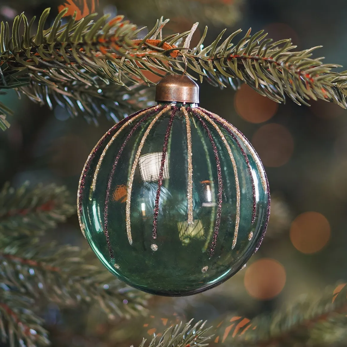 Green Christmas Bauble With Glitter Lines