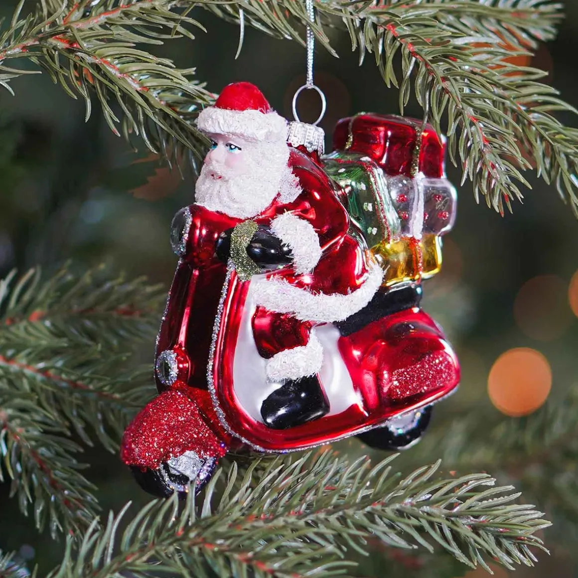 Hanger Santa On Scooter Red Glass 11 Cm