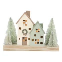 Houses With Trees | With LED | Green-Cream | 21cm