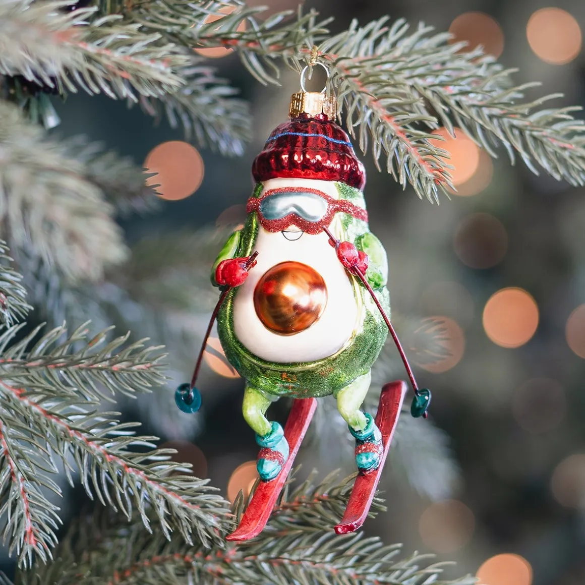 Humorous Avocado On Skis Ornament