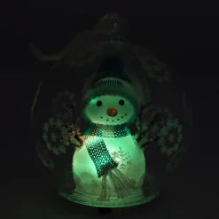 LED Snowman In Glass Bauble - 10cm - Light Blue