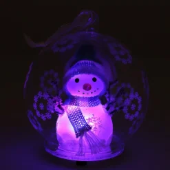 LED Snowman In Glass Bauble - 10cm - Light Blue