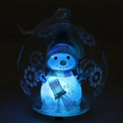 LED Snowman In Glass Bauble - 10cm - Light Blue