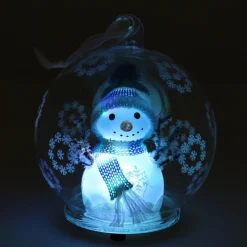 LED Snowman In Glass Bauble - 10cm - Light Blue