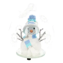 LED Snowman In Glass Bauble - 10cm - Light Blue