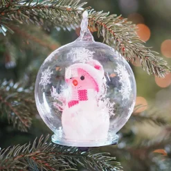 LED Snowman In Glass Bauble - 10cm - Pink