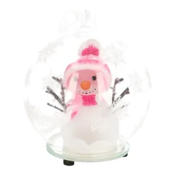 LED Snowman In Glass Bauble - 10cm - Pink