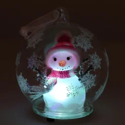 LED Snowman In Glass Bauble - 10cm - Pink