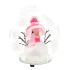 LED Snowman In Glass Bauble - 10cm - Pink