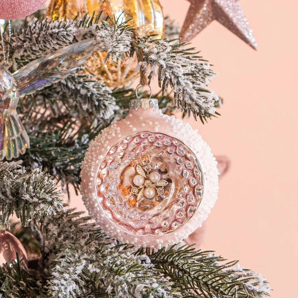 Luxury Bauble With Reflector | Glass | Pink | 8cm