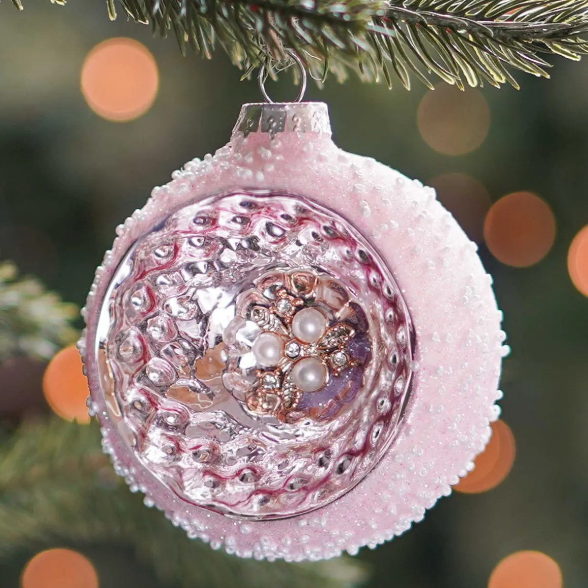 Luxury Bauble With Reflector | Glass | Pink | 8cm
