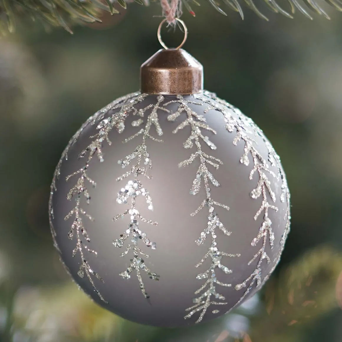 Luxury Christmas Bauble | Glittering Branches Decoration | Glass | 8cm | Taupe