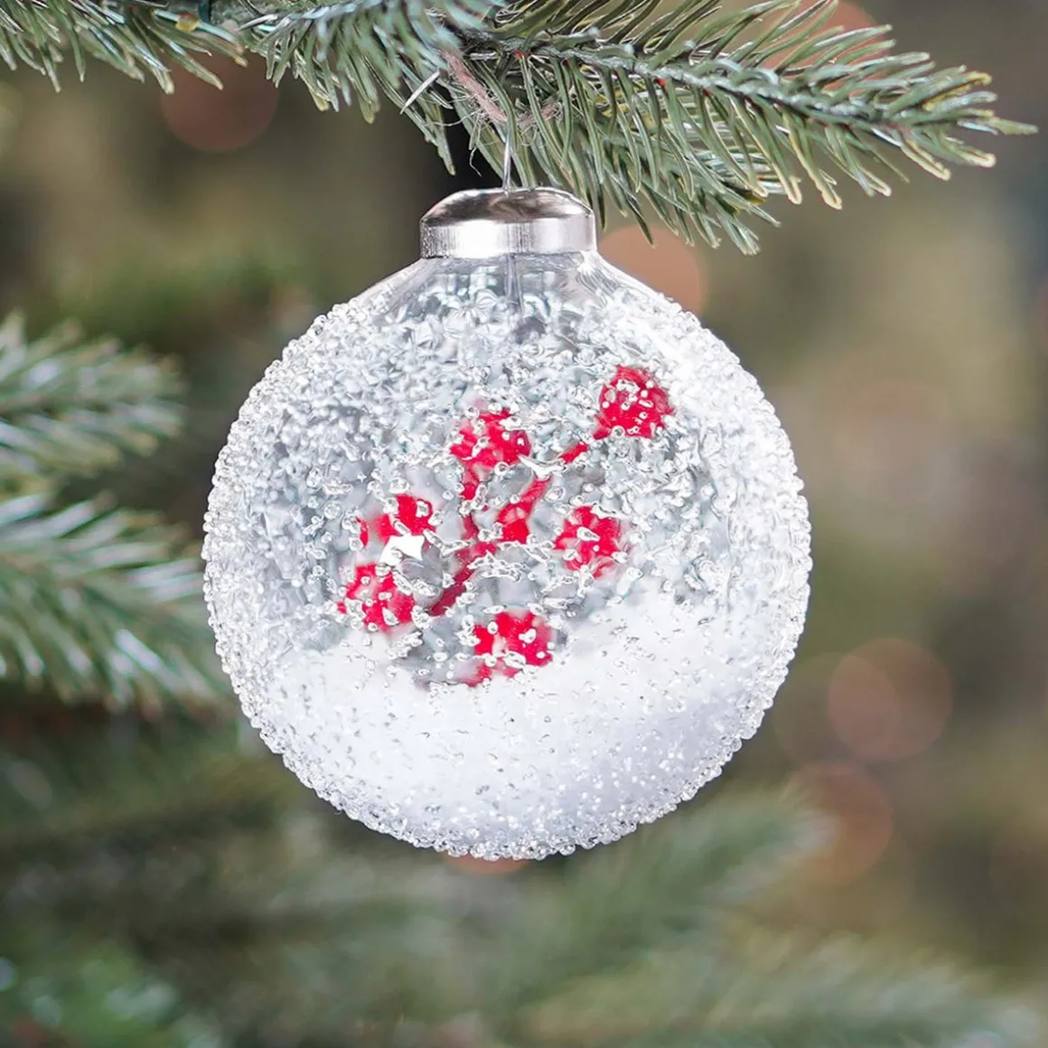 Luxury Christmas Bauble Frost Effect With Berry Branch | Transparent | Glass | 8cm