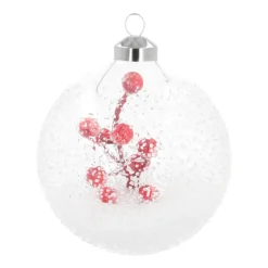 Luxury Christmas Bauble Frost Effect With Berry Branch | Transparent | Glass | 10cm