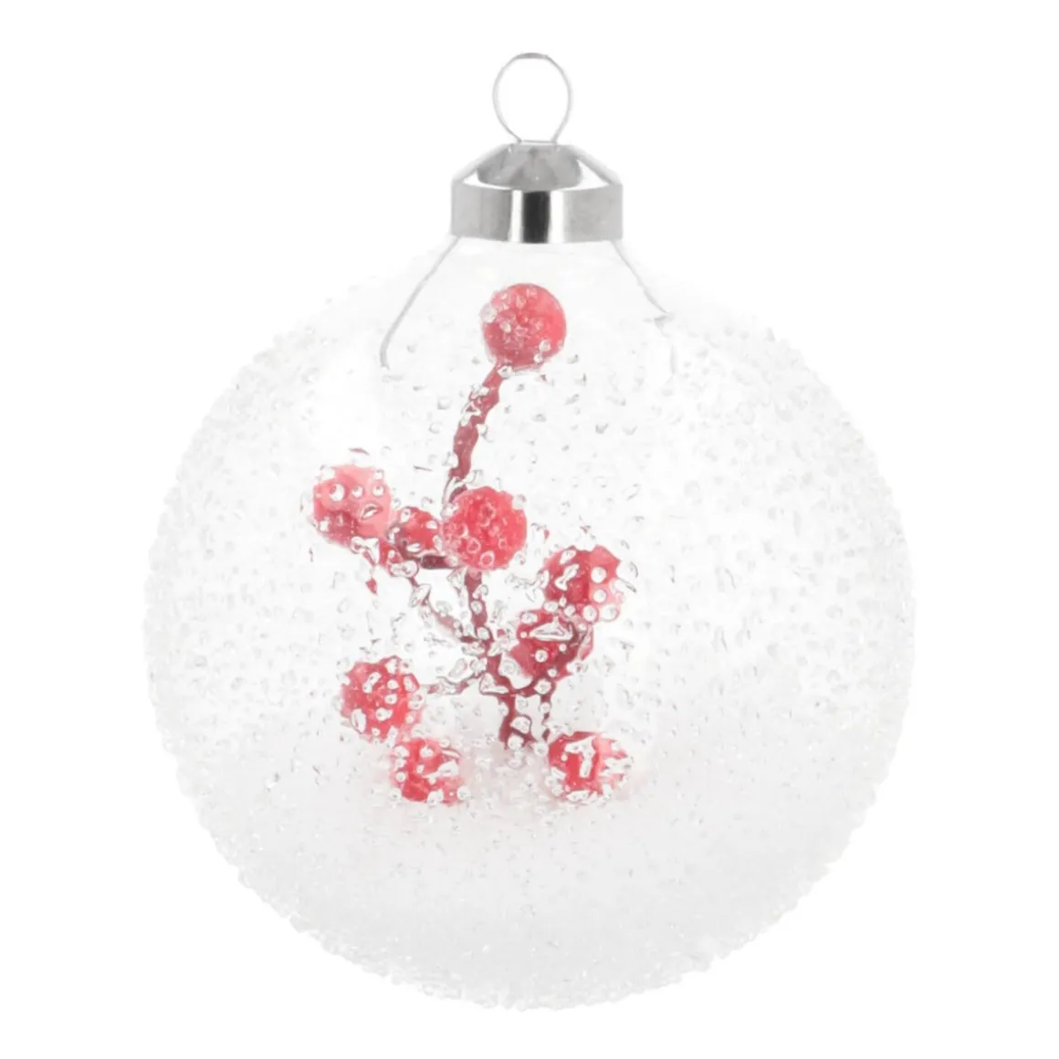 Luxury Christmas Bauble Frost Effect With Berry Branch | Transparent | Glass | 10cm