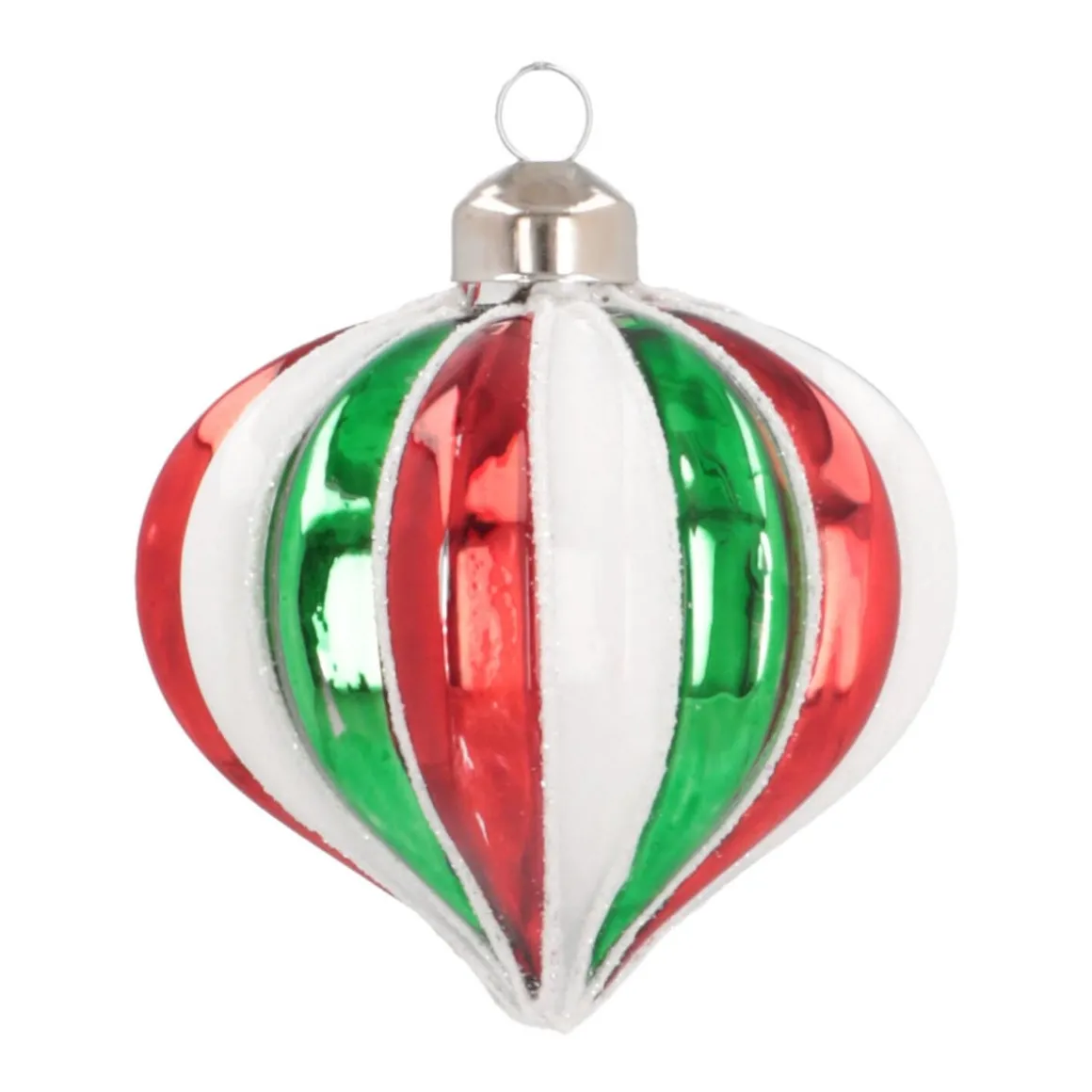 Luxury Christmas Bauble In Onion Shape Striped With Glitter | Red-Green-White | Glass | 8cm
