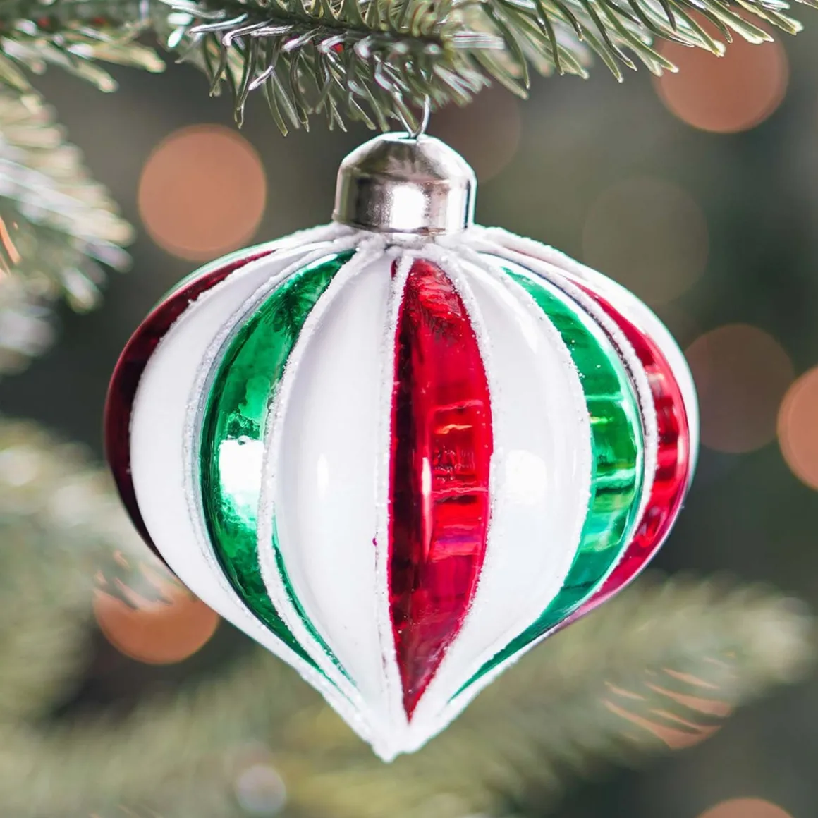 Luxury Christmas Bauble In Onion Shape Striped With Glitter | Red-Green-White | Glass | 8cm