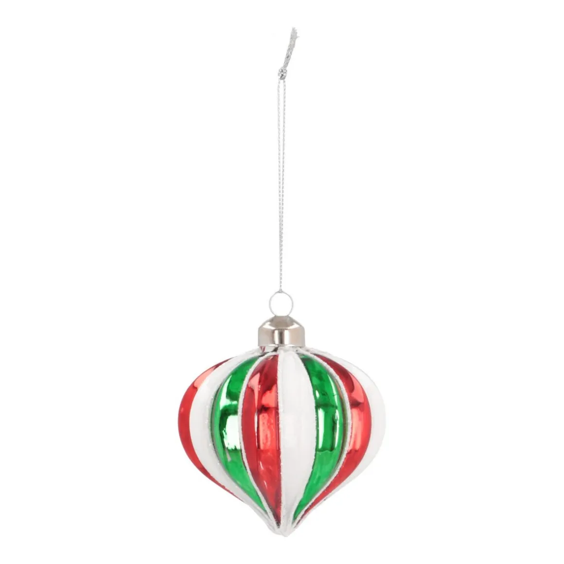 Luxury Christmas Bauble In Onion Shape Striped With Glitter | Red-Green-White | Glass | 8cm