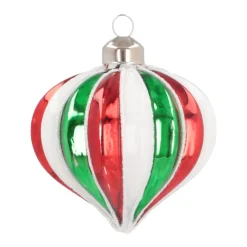 Luxury Christmas Bauble In Onion Shape Striped With Glitter | Red-Green-White | Glass | 8cm
