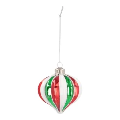 Luxury Christmas Bauble In Onion Shape Striped With Glitter | Red-Green-White | Glass | 8cm