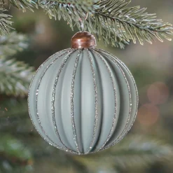 Luxury Christmas Bauble Matte With Relief Stripes | Cottage-Green | Glass | 8cm