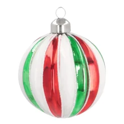 Luxury Christmas Bauble Striped With Glitter | Red-Green-White | Glass | 8cm