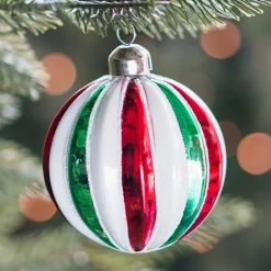 Luxury Christmas Bauble Striped With Glitter | Red-Green-White | Glass | 8cm