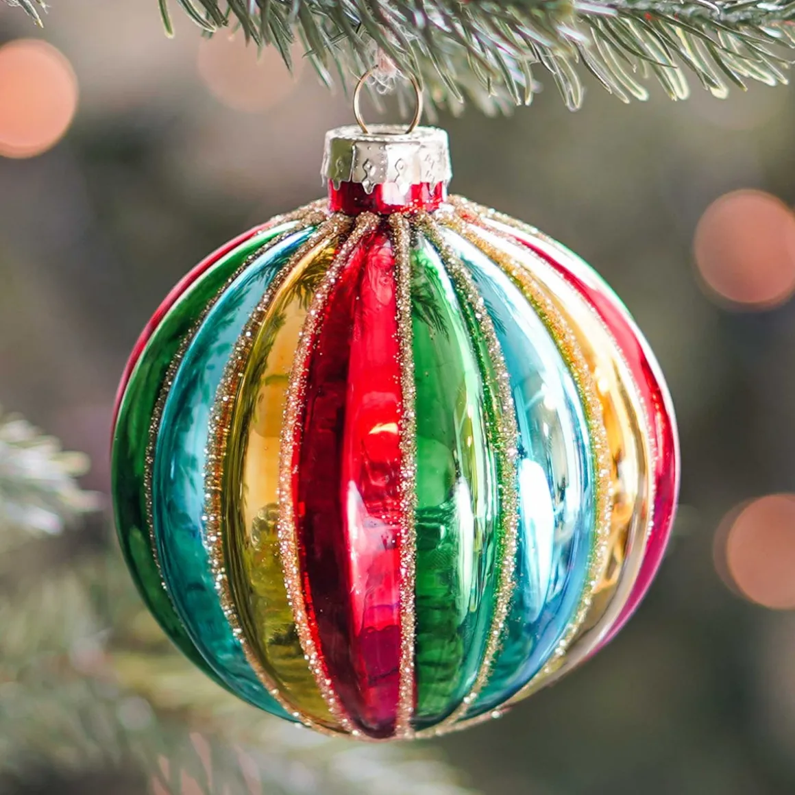 Luxury Christmas Bauble With Vertical Relief | Glass | Multi | 8cm